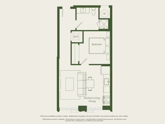 A floor plan of a small apartment with a bedroom, a kitchen/living/dining area, and a bathroom.