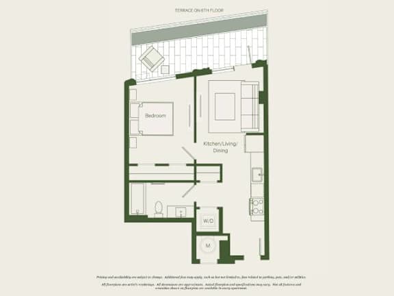 A floor plan of a house with a kitchen, living room, dining room, and two bedrooms.