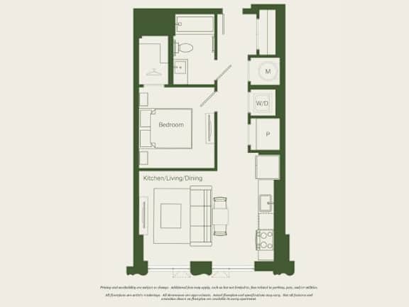 A floor plan of a house with a bedroom, kitchen, and living room.