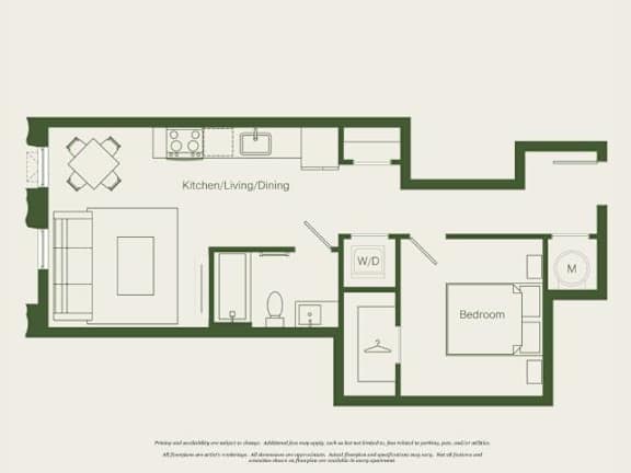 A floor plan of a one bedroom apartment with a kitchen, dining area, and a bathroom.