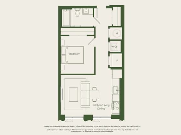 A floor plan of a house with a bedroom, a kitchen/dining area, and a bathroom.