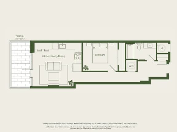 A floor plan of a 2nd floor apartment with a kitchen, living room, dining room, bedroom, and WC.