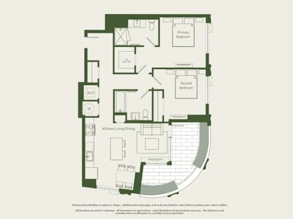 A floor plan of a house with two bedrooms, a kitchen, and a living area.