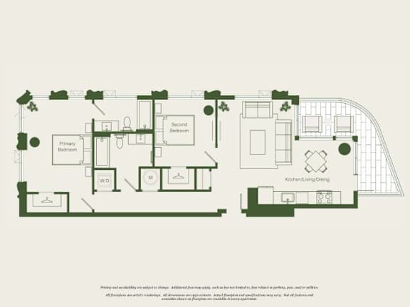 A floor plan of a house with a kitchen, living room, dining room, and two bedrooms.