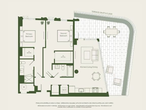 A floor plan of a house with a kitchen, dining area, and two bedrooms.