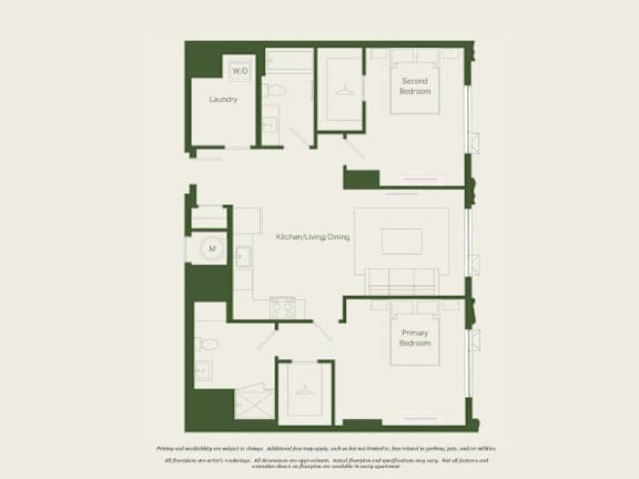 A floor plan of a house with a laundry room, kitchen, and two bedrooms.