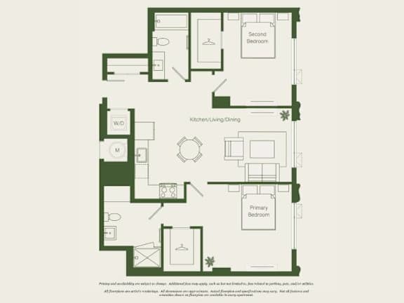 A floor plan of a house with a kitchen, living room, dining room, and two bedrooms.