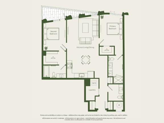 A floor plan of a house with a kitchen, dining room, living room, two bedrooms, a bathroom, and a laundry room.