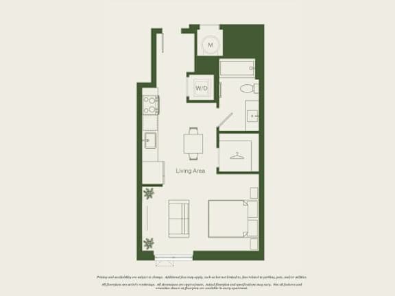 A floor plan of a living area with a kitchen and a bathroom.