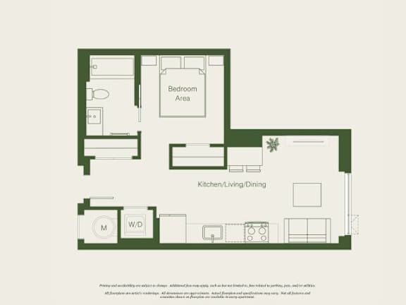 A floor plan of a house with a kitchen, living room, dining area, and bedroom.