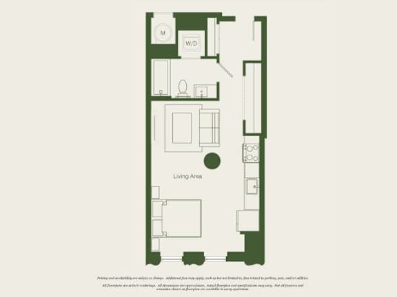 A floor plan of a living area with a kitchen and a bathroom.