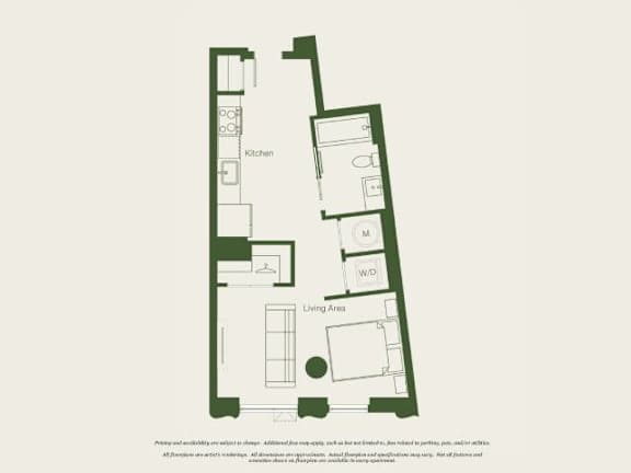 A floor plan of a house with a kitchen, living area and a bedroom.