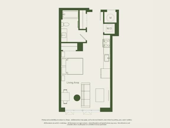 A floor plan of a house with a living area, kitchen, and bathrooms.