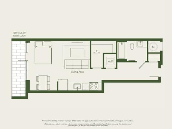 A floor plan of a living area on the 6th floor.