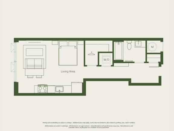 A floor plan of a living area with a kitchen, dining table, and bathroom.