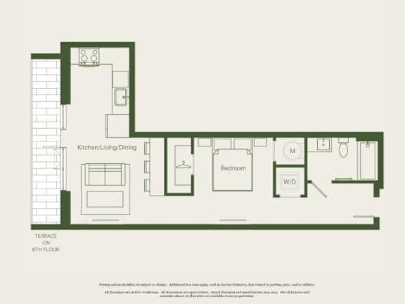 A floor plan of a house with a kitchen, living room, dining room, and bathroom.