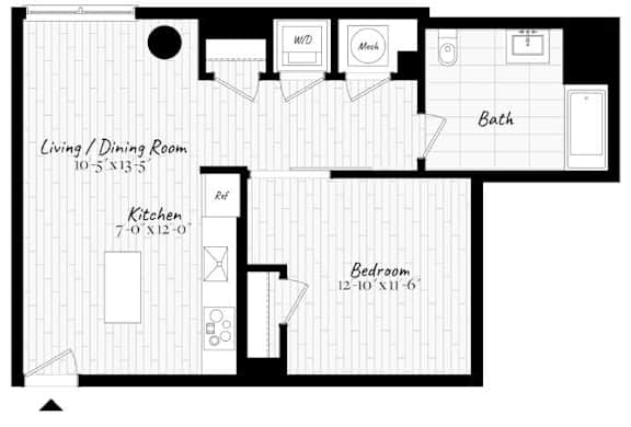 A floor plan of a house with a living/dining room, kitchen, bath, and bedroom.