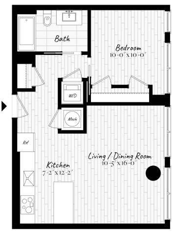 A black and white image of a floor plan for a small apartment.