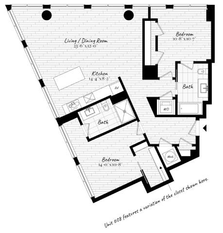A black and white image of a floor plan for a Unit 608 apartment.