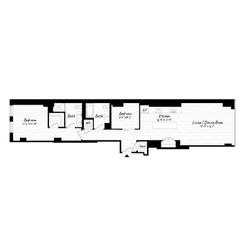 A floor plan of a house with a kitchen, living room, and dining room.