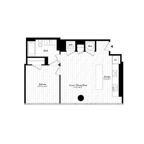 A floor plan of a house with a living room, dining room, kitchen, and bathrooms.