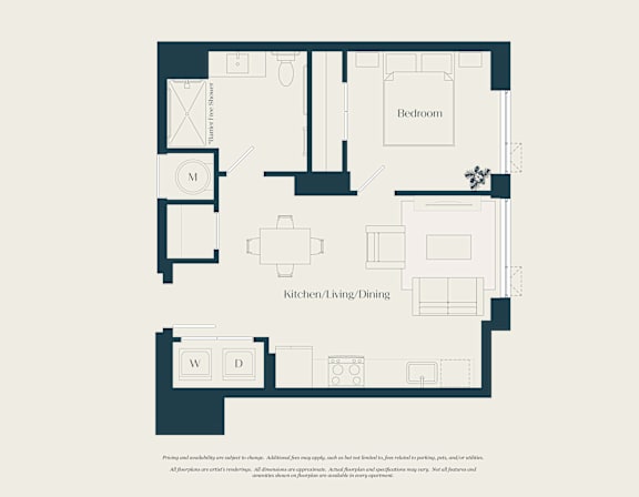 A floor plan of a house with a kitchen, dining area, and bedroom.