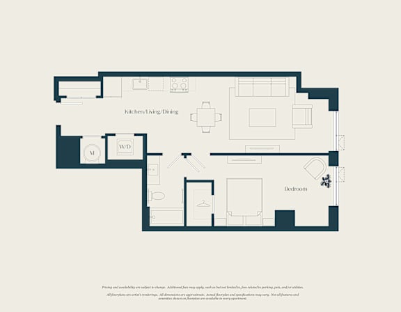 A floor plan of a house with labeled rooms such as "Kitchen/Living/Dining" and "Bathroom".