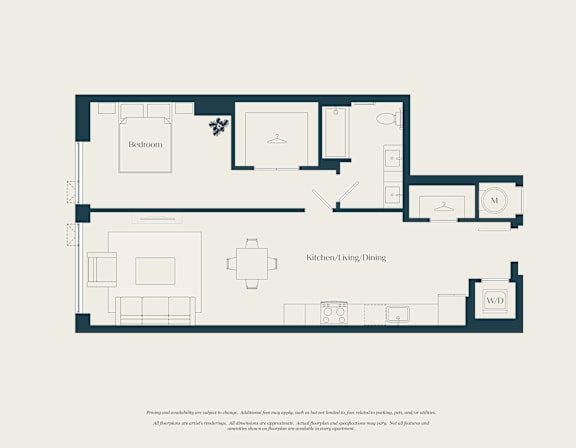 A floor plan of a house with a bedroom, kitchen, and a workspace.