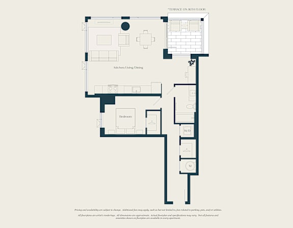 A floor plan of a house with a kitchen, living room, and bathroom.