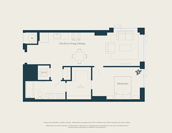 A floor plan of a kitchen/living/dining area with a separate bedroom and bathroom.