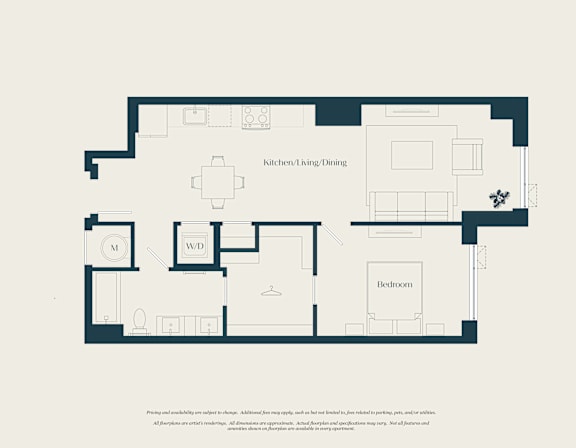 A floor plan of a house with a kitchen, dining area, and a bedroom.