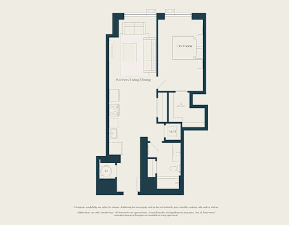 A floor plan of a house with a kitchen, dining area, and a bathroom.