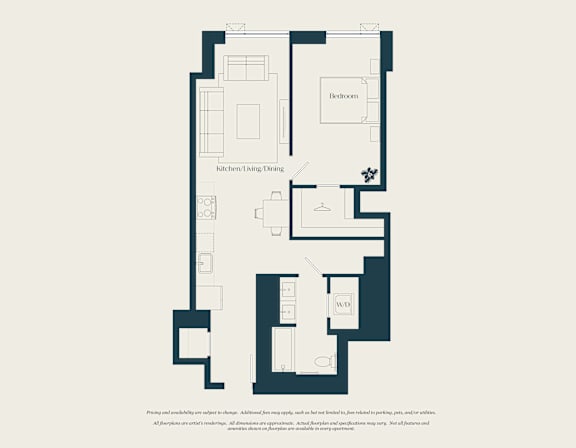 A floor plan of a house with labeled rooms such as Bedroom, Kitchen/Living/Dining, and Bathroom.
