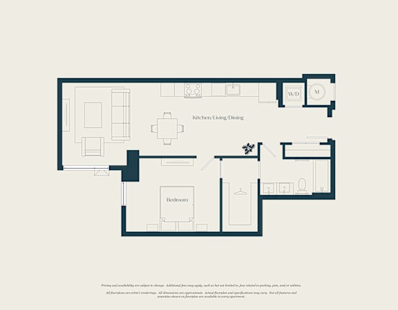 Floor Plan  A floor plan of a house with a kitchen, living room, dining room, and bedrooms.