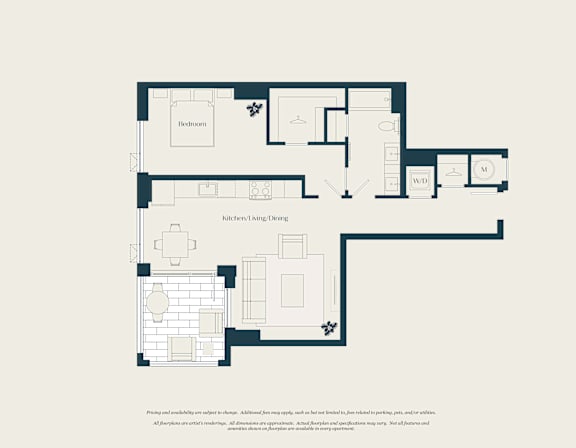 Floor Plan  A floor plan of a house with labeled rooms such as Bedroom, Kitchen/Living/Dining, and Bathroom.