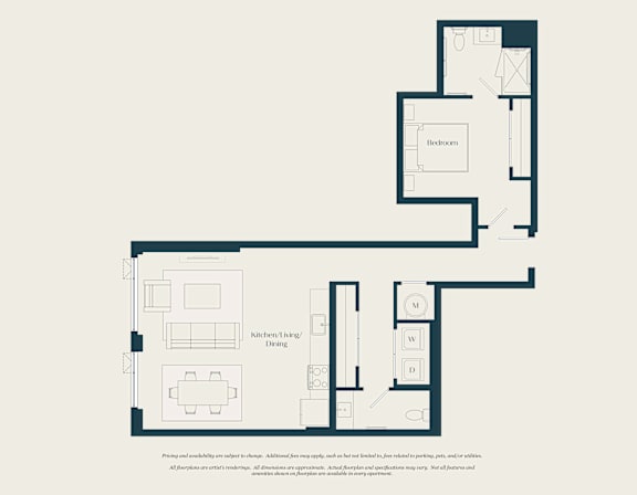 A floor plan of a house with a living room, dining room, kitchen, and bathroom.