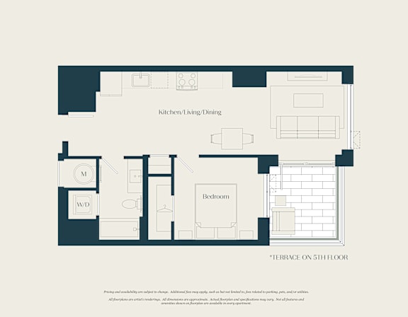 A floor plan of a house with a kitchen, dining area, and bedrooms.