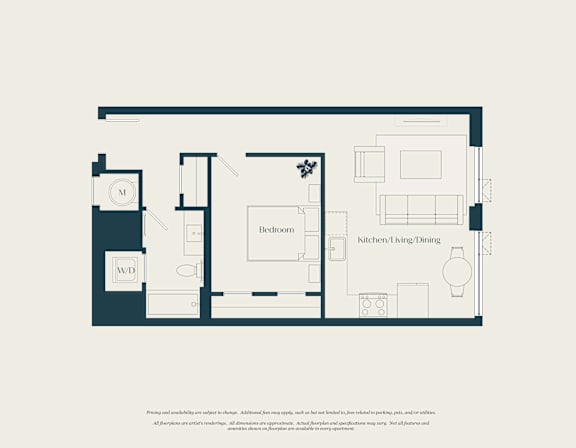 A floor plan of a house with a kitchen, dining area, and a bedroom.