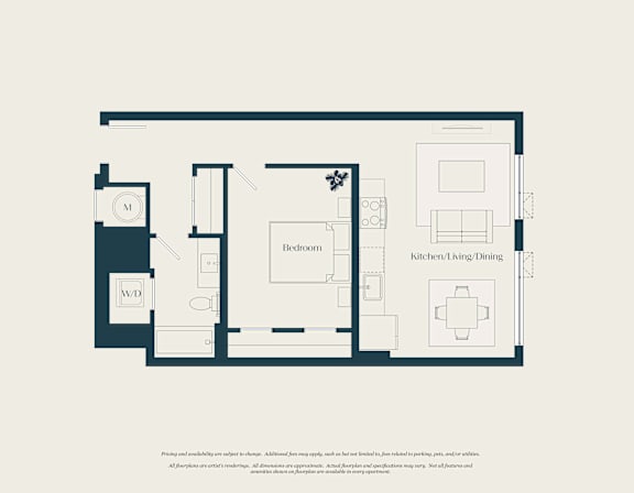 A floor plan of a kitchen/living/dining area with a separate W.C.