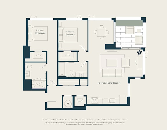A floor plan of a house with a kitchen, living room, dining room, and two bedrooms.