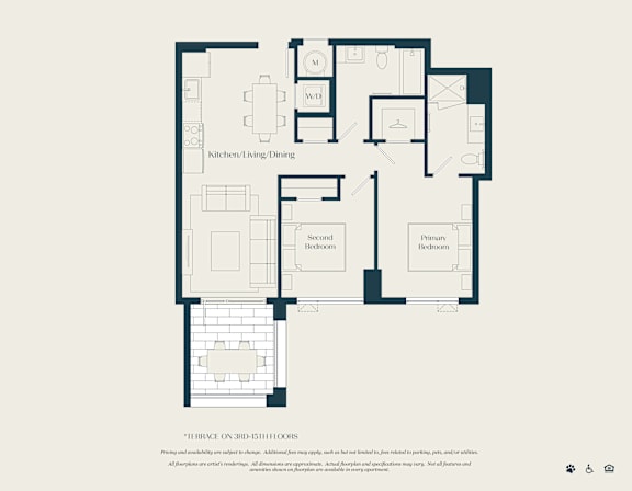 A floor plan of a house with labeled rooms such as kitchen/living/dining and a first floor bedroom.