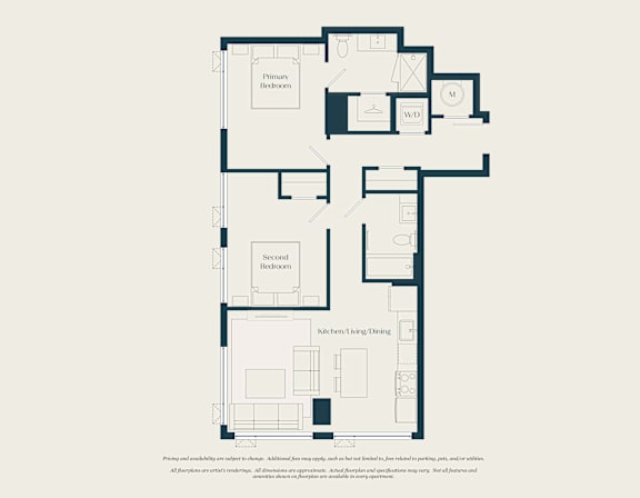 A floor plan of a house with two bedrooms and a kitchen/living/dining area.