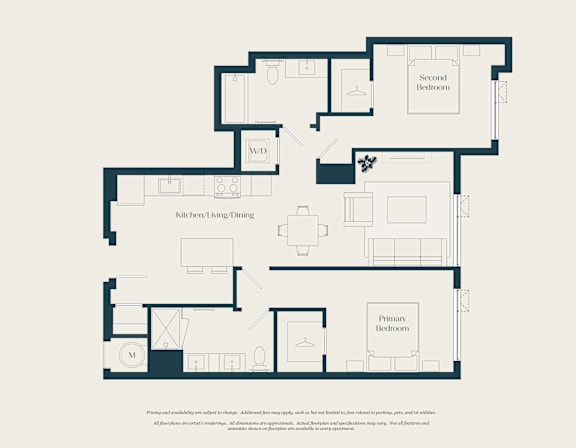 A floor plan of a house with a kitchen, living room, and two bedrooms.