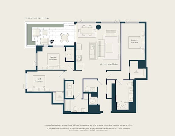 A floor plan of a home with a living room, dining room, kitchen, and two bedrooms.
