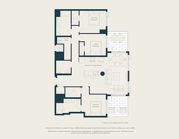 A floor plan of a two-bedroom apartment with a living room, kitchen, and bathroom.