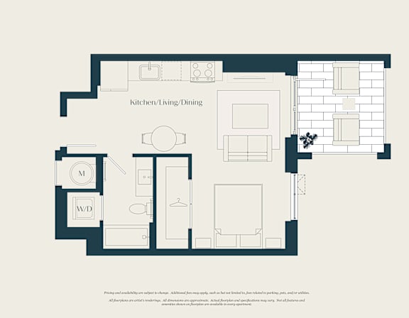 Floor Plan  A floor plan of a kitchen/living/dining area with a separate W.D.