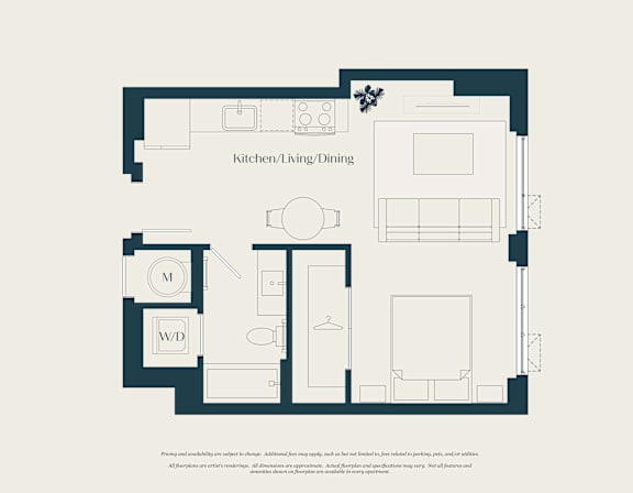 A floor plan of a kitchen/living/dining area with labeled rooms.