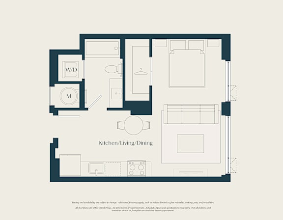 A floor plan of a kitchen, living and dining area.