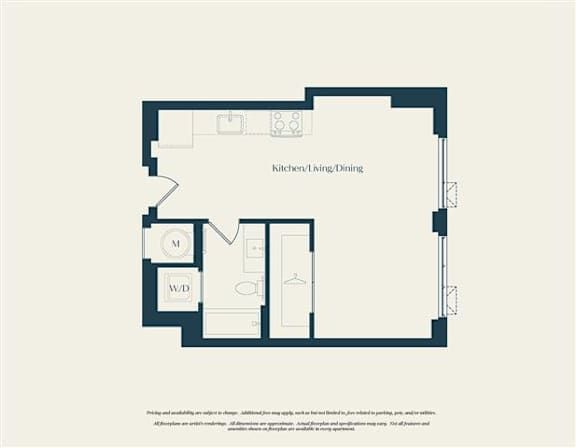 A floor plan of a kitchen/living/dining area with labeled rooms.