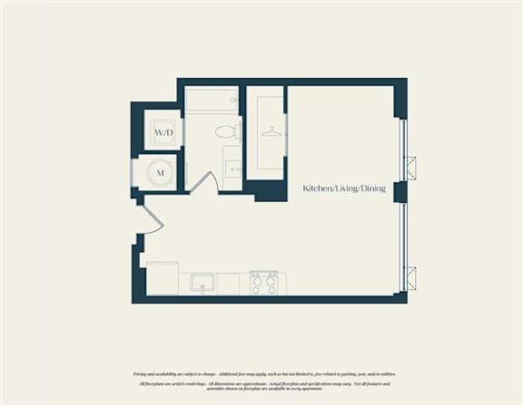A floor plan of a kitchen/living/dining area with labeled rooms.